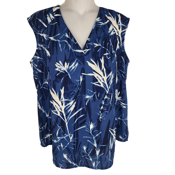 Nic+Zoe Womens Vintage Botanical Tank M Blue White Printed Woven V Neck Ragland - Picture 1 of 8